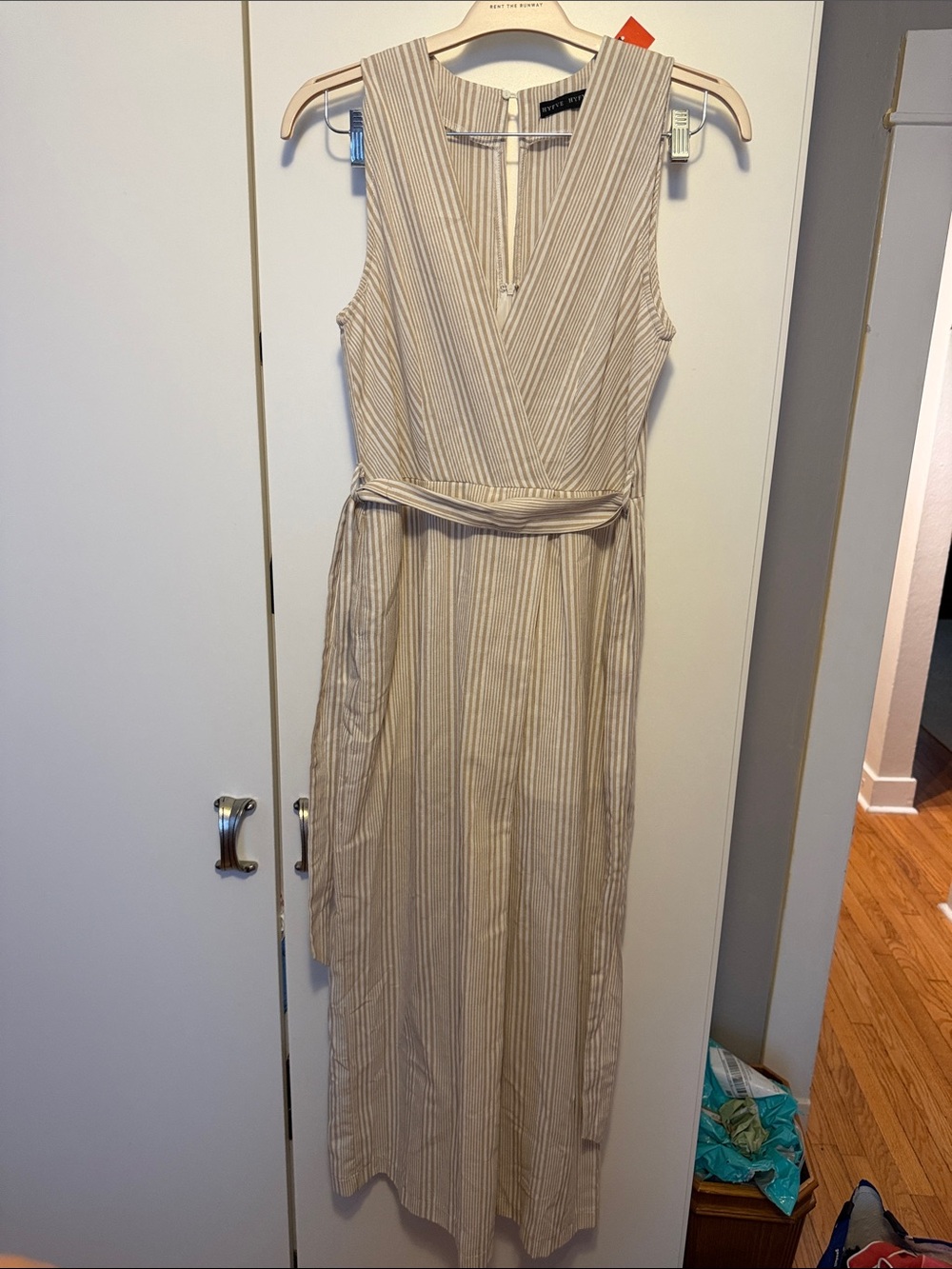 Sleeveless Beige Stripe Maxi pant suit with Tie Waist